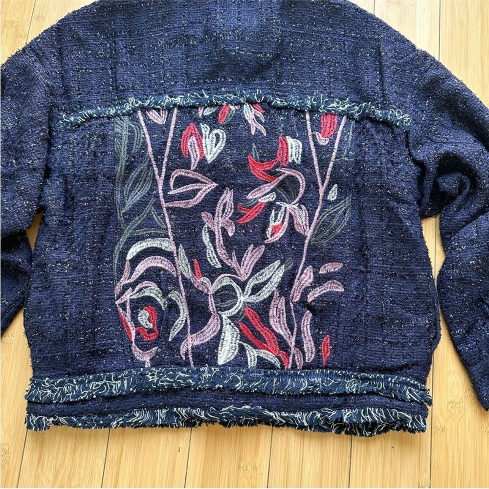 NWT Foxiedox Embroidered Takeo Tweed Frayed Boho Blue Jacket Anthropologie - Picture 4 of 8
